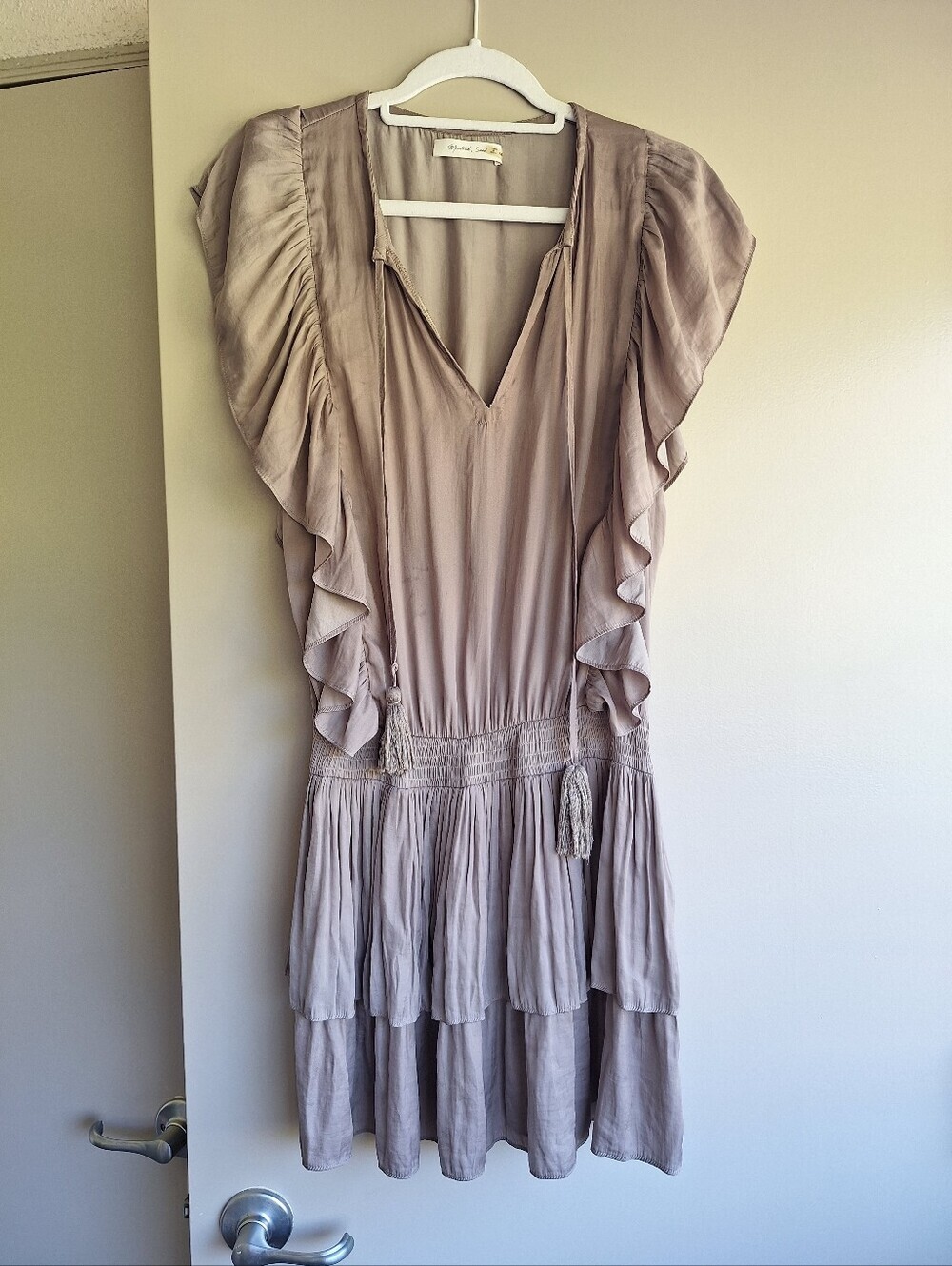 Mustard Seed Taupe Boho Ruffle Tiered Mini Dress Size M